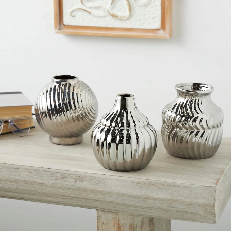 Silver Ceramic Abstract Textured Vase Set