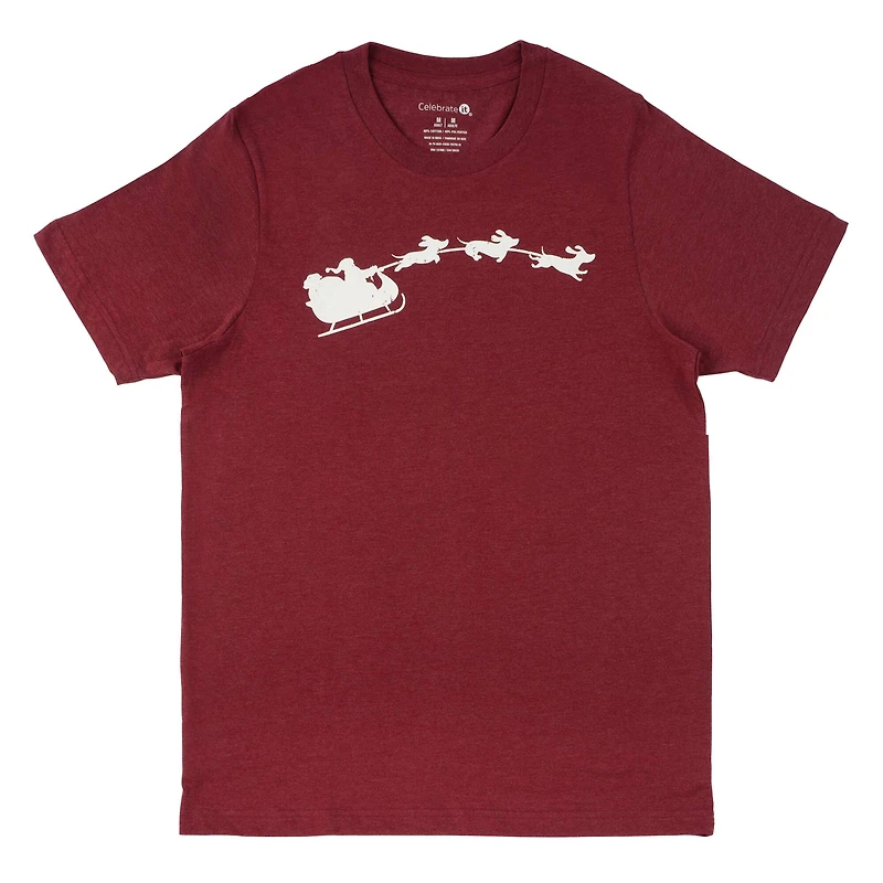 Maroon Sleigh Dogs Adult Crew Neck T-Shirt by Celebrate It
