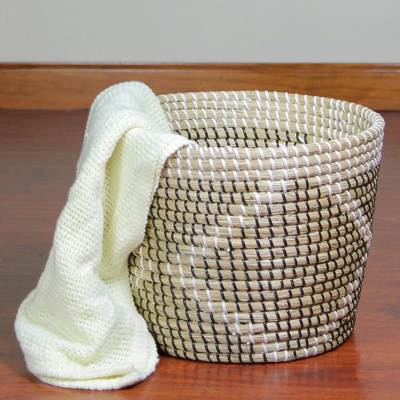 11.5" Beige Seagrass Woven Basket with Black & White Accents