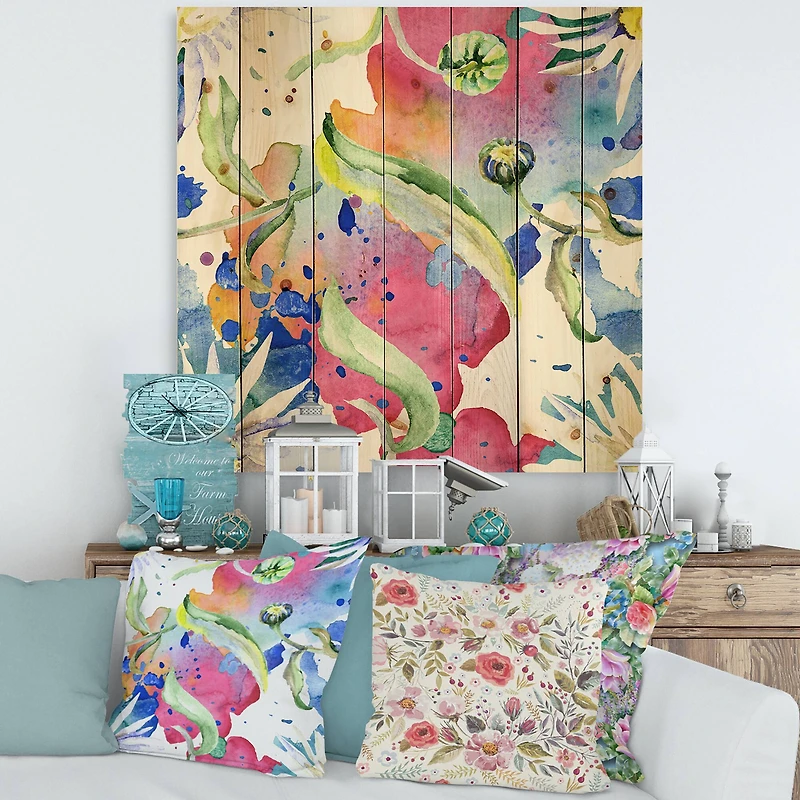 Designart - Iridiscent Daisy Flowers - Transitional Print on Natural Pine Wood