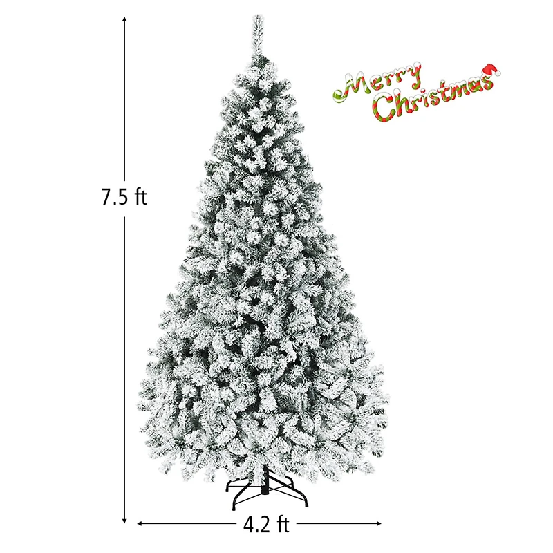Costway 7.5ft. Pre-Lit Snow-Flocked Artificial Christmas Tree, Warm White LED Lights