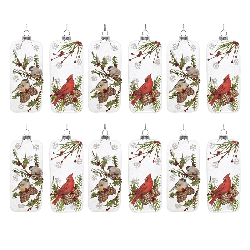 6" Glittered Glass Cardinal & Chickadee Ornaments Set