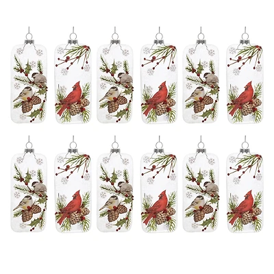 6" Glittered Glass Cardinal & Chickadee Ornaments Set