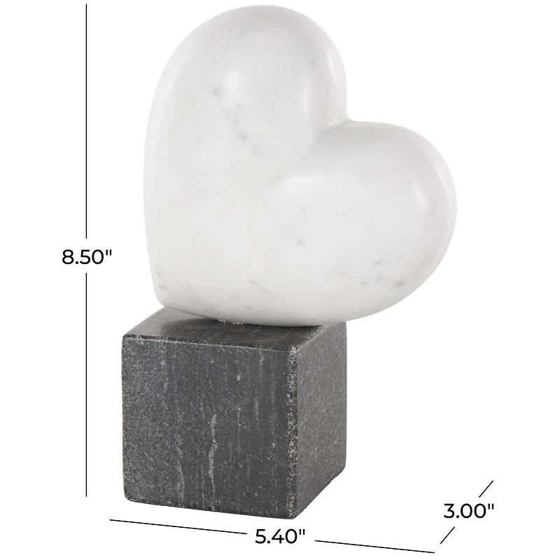 8.5" White & Black Marble Heart Slanted Sculpture with Block Base