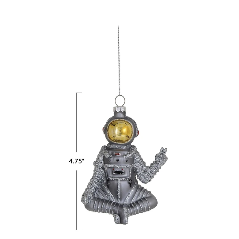 Hello Honey® 4.75" Silver & Gold Finish Glass Sitting Astronaut Ornament with Peace Sign & Glitter Design
