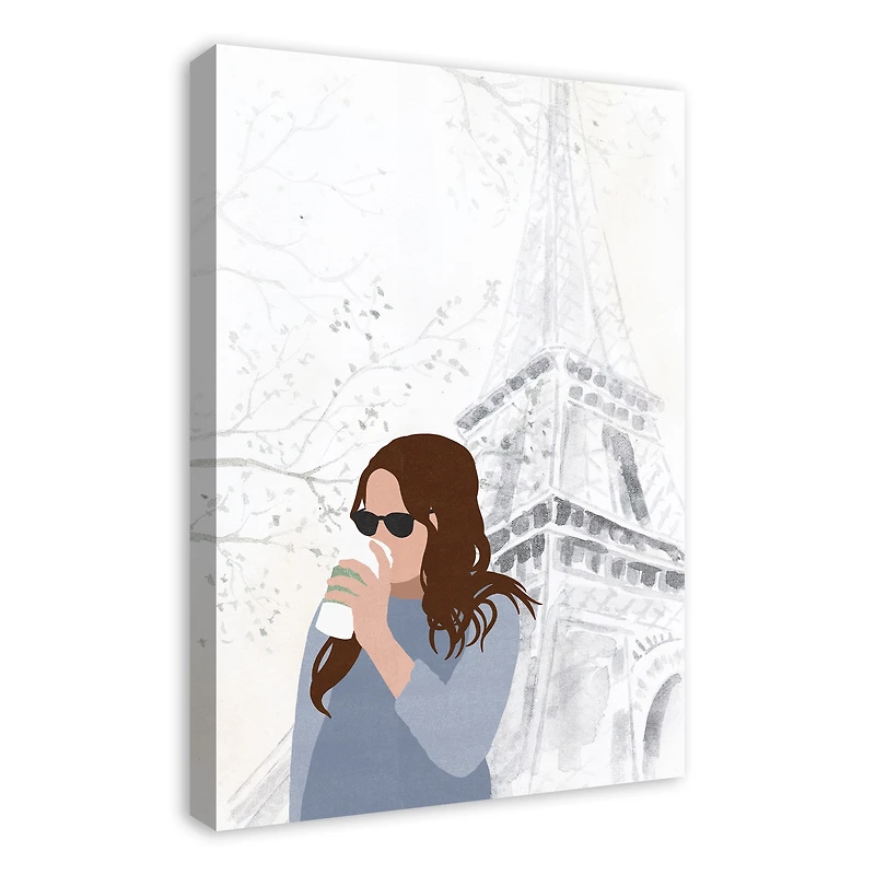 Girl Drinking Coffee Paris Canvas Wall Art