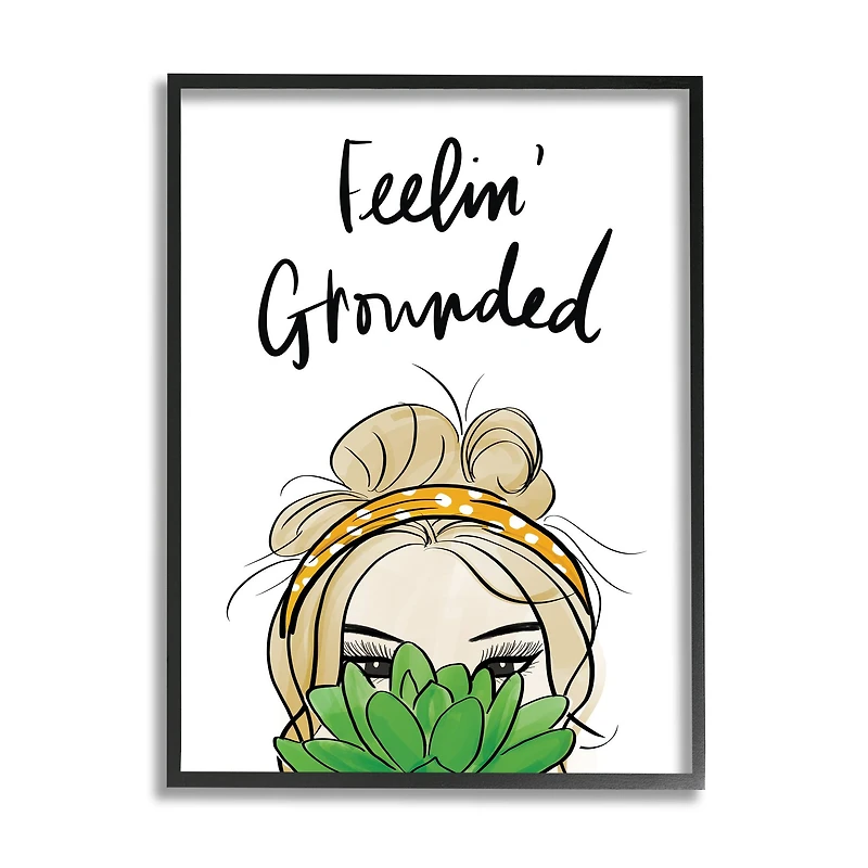 Stupell Industries Feelin' Grounded Phrase Woman With Plant in Frame Wall Art