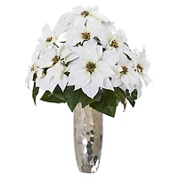 27" White Poinsettia Arrangement in Silver Cylinder Vase