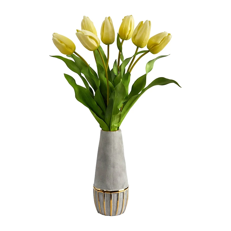 22" Yellow Dutch Tulip Arrangement in Gold Trim Stoneware Vase