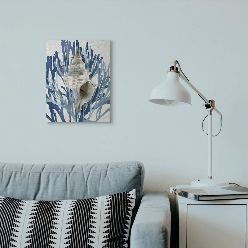 Stupell Industries Tower Shell Coral Blue Beach Design Canvas Wall Art