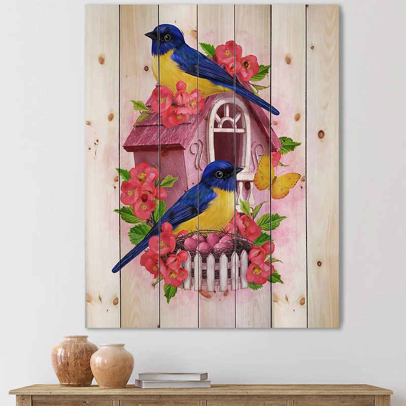 Designart - Two Blue & Yellow Tit Birds Sitting Near The Nest