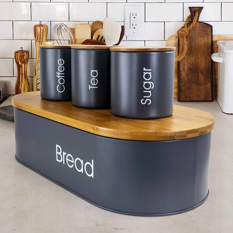 MegaChef Bamboo Kitchen Countertop Gray 4-Piece Metal Bread Basket & Canister Set