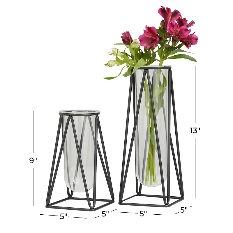 CosmoLiving by Cosmopolitan Set of 2 Black Iron Modern Vase, 13" x 5" x 5"