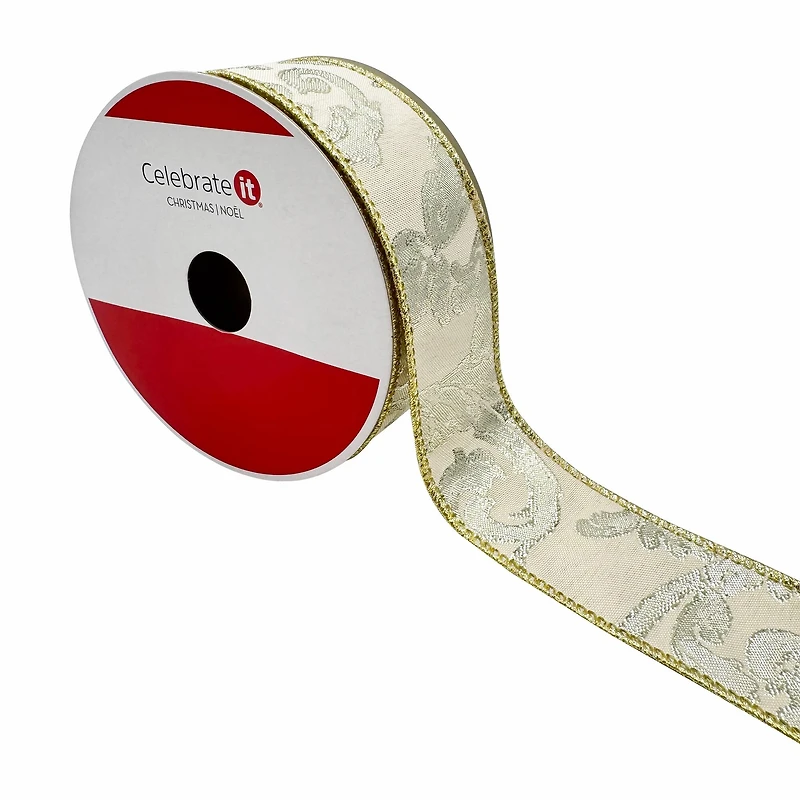 1.5" x 30ft. Cream & Silver Jacquard Scroll Wired Ribbon by Celebrate It®