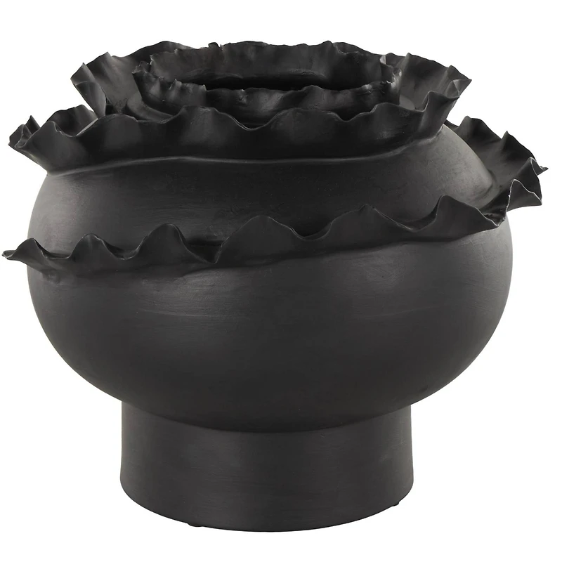 11.5" Black Wide Abstract Floral Ceramic Vase with Layered Petals