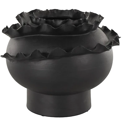 11.5" Black Wide Abstract Floral Ceramic Vase with Layered Petals