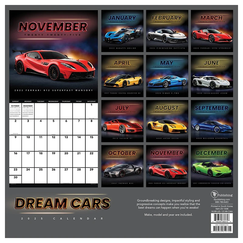 TF Publishing 2025 Dream Cars Wall Calendar