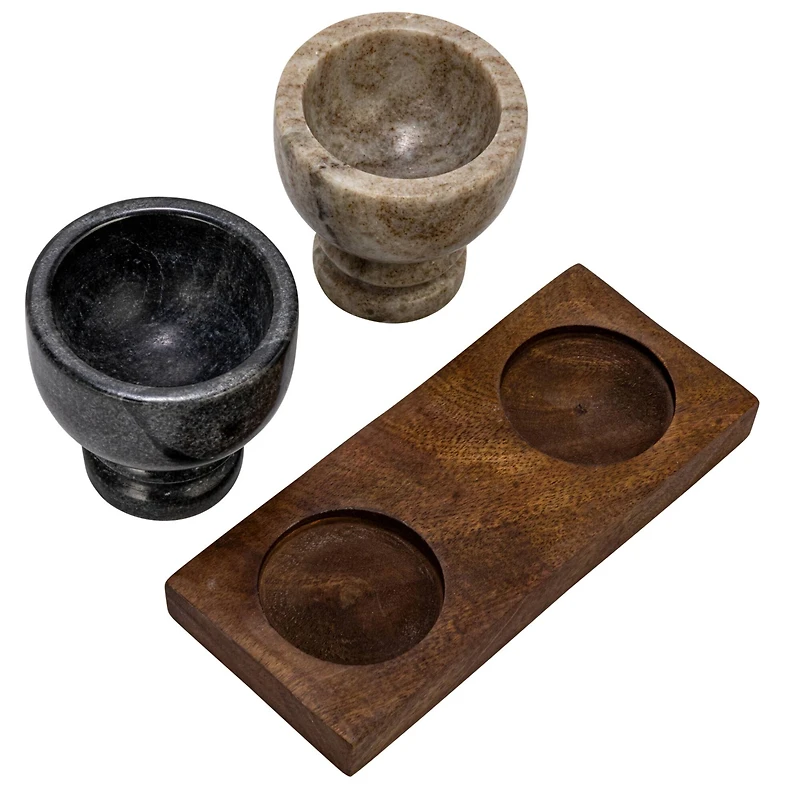 Hello Honey® 7" Mango Wood Tray with Marble Bowls