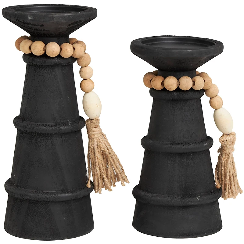 Black Wood Handmade Textured Matte Candle Holder with Beaded Garland Accent Set