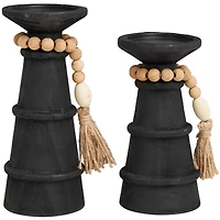 Black Wood Handmade Textured Matte Candle Holder with Beaded Garland Accent Set