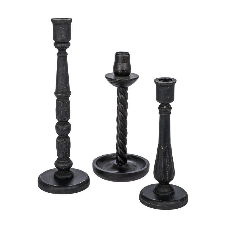 Hello Honey® Round Black Wood Taper Candle Holder Set
