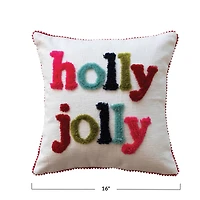 Hello Honey® 16" x 16" Square Holly Jolly Cotton Slub Pillow with Tufting & Pom Pom Trim