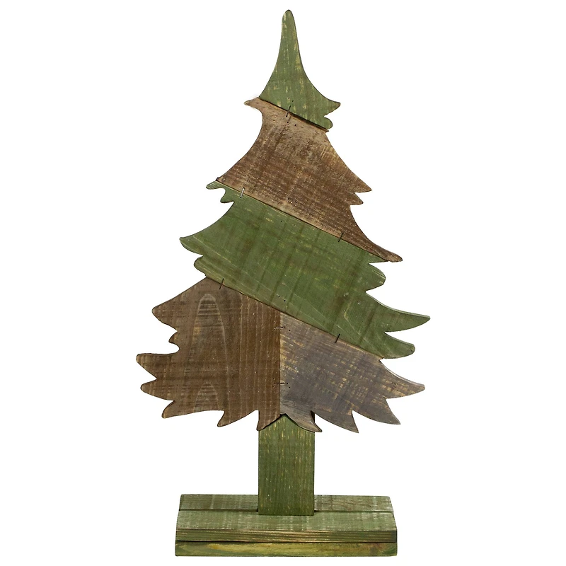 20.5" x 11" Textured Green and Brown Wooden Christmas Tree Tabletop Decoration