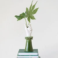 Hello Honey® 12" Green & White Stoneware Hand Vase with Ruffled Shirt Sleeve