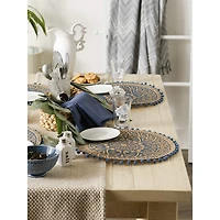French Blue Block Print On Natural Round Jute Placemat (Set of 6)