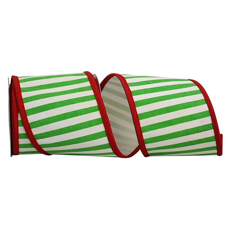 Reliant 4" x 5yd. Green & White Railroad Stripes Deluxe Folded Wired Ribbon