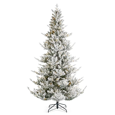 Glitzhome® 7.5ft Pre-Lit Flocked Upward Slim Fir Artificial Christmas Tree, Warm White LED Lights
