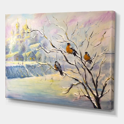 Designart - Rustic Birds On A Tree In Winter Village