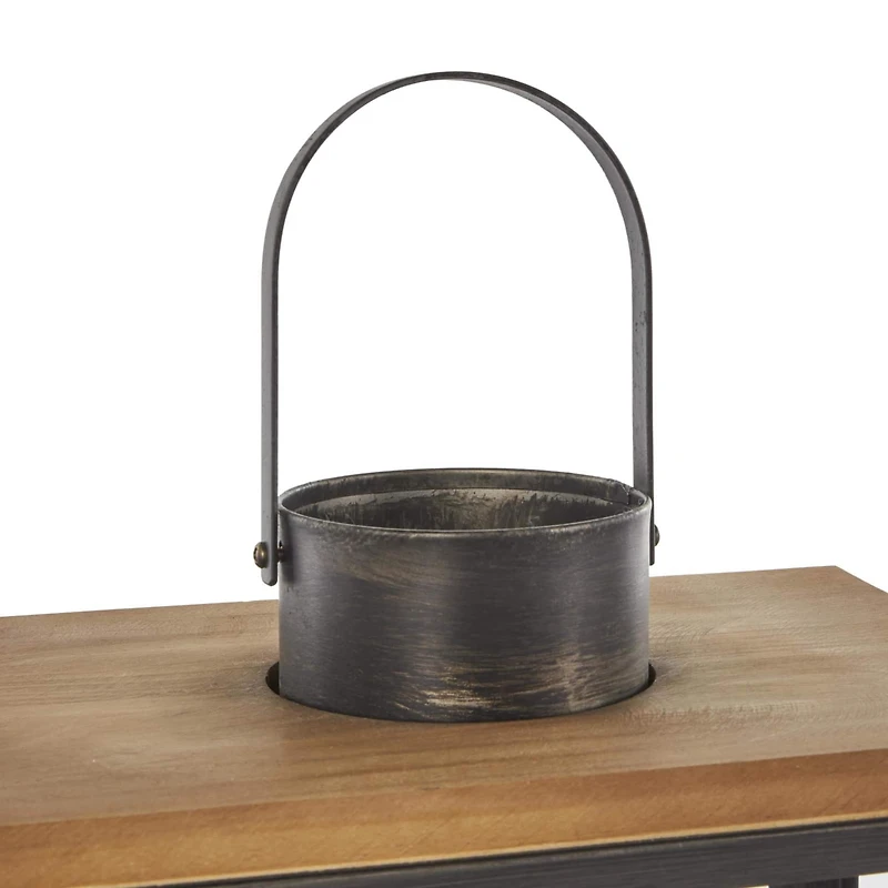 Dark Gray Brushed & Wood Top Rectangular Candle Lantern Set