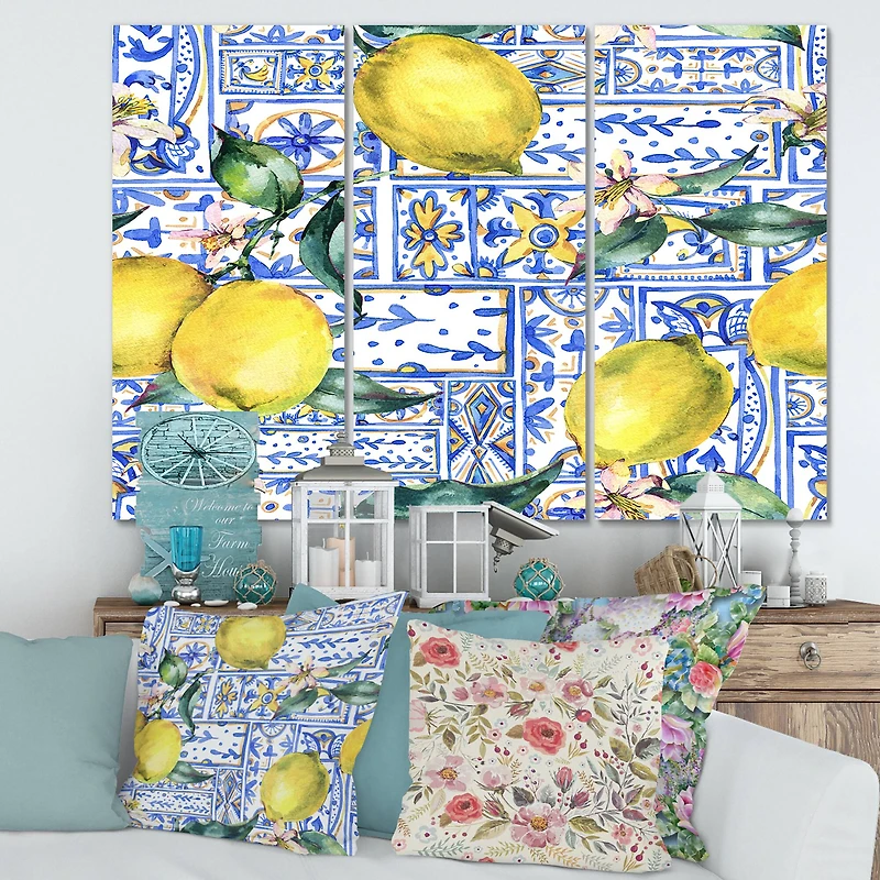 Designart - Lemon Ornament On Blue Geometrical Pattern I