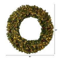5ft. Clear LED Lights Flocked Artificial Christmas Wreath With Pinecones