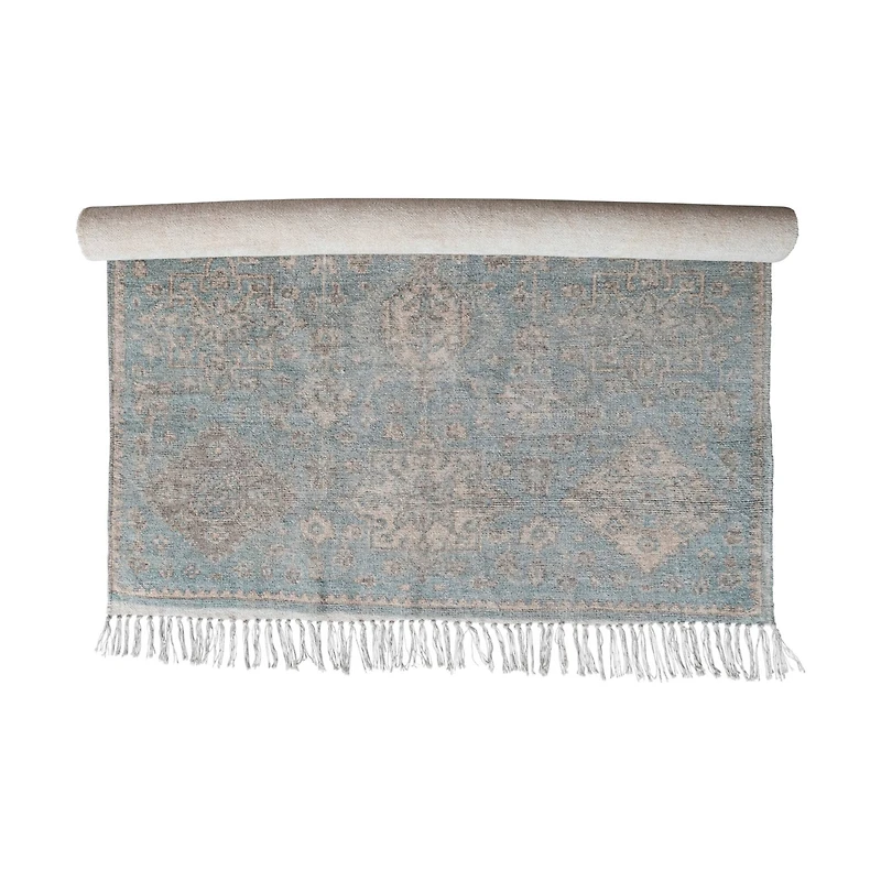 Hello Honey® 4ft. x 6ft. Blue & Cream Cotton Chenille Distressed Print Rug with Fringe
