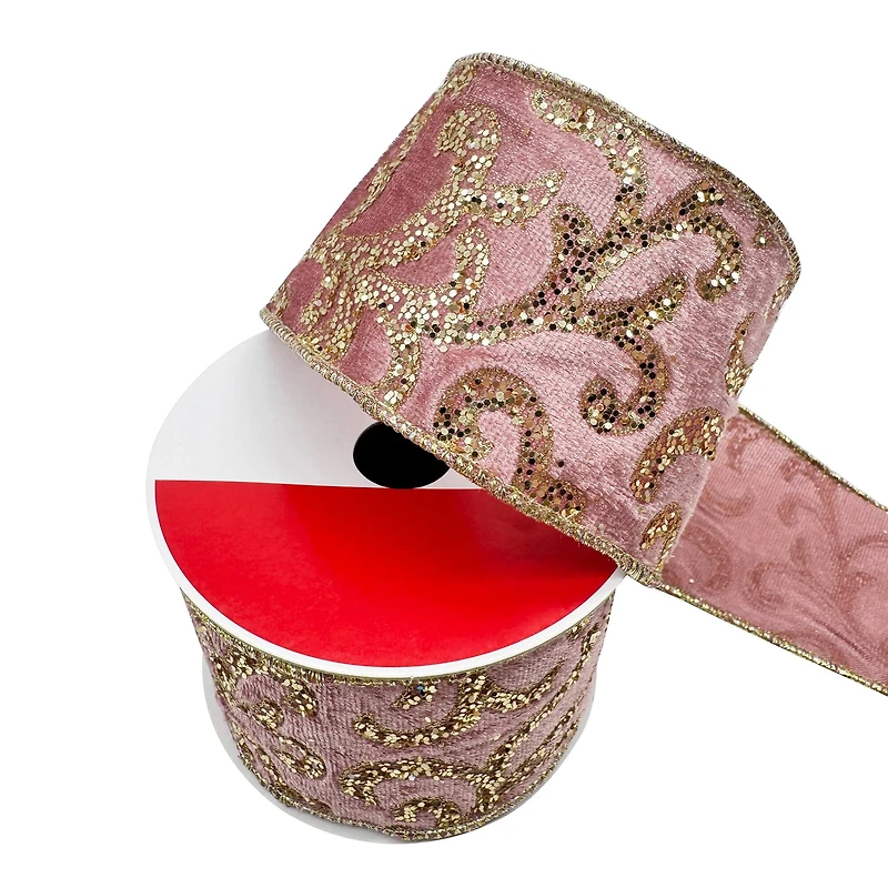 2.5" x 15ft. Blush & Gold Glitter Scroll Wired Velvet Ribbon by Celebrate It®