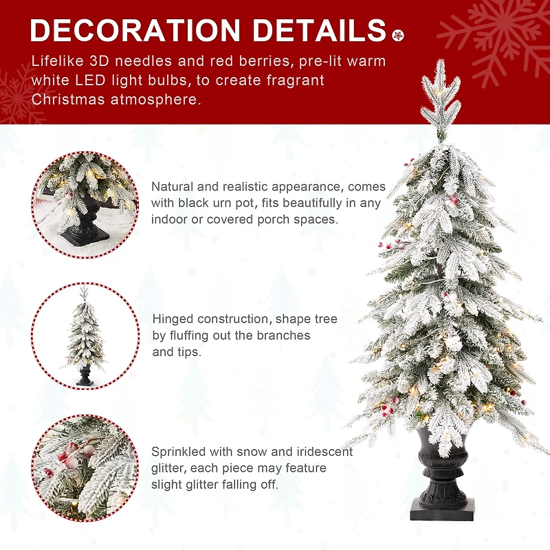 2 Pack 4ft. Pre-Lit Flocked Red Berry Fir Artificial Christmas Porch Tree in Urn, Warm White Lights
