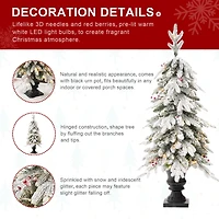 2 Pack 4ft. Pre-Lit Flocked Red Berry Fir Artificial Christmas Porch Tree in Urn, Warm White Lights