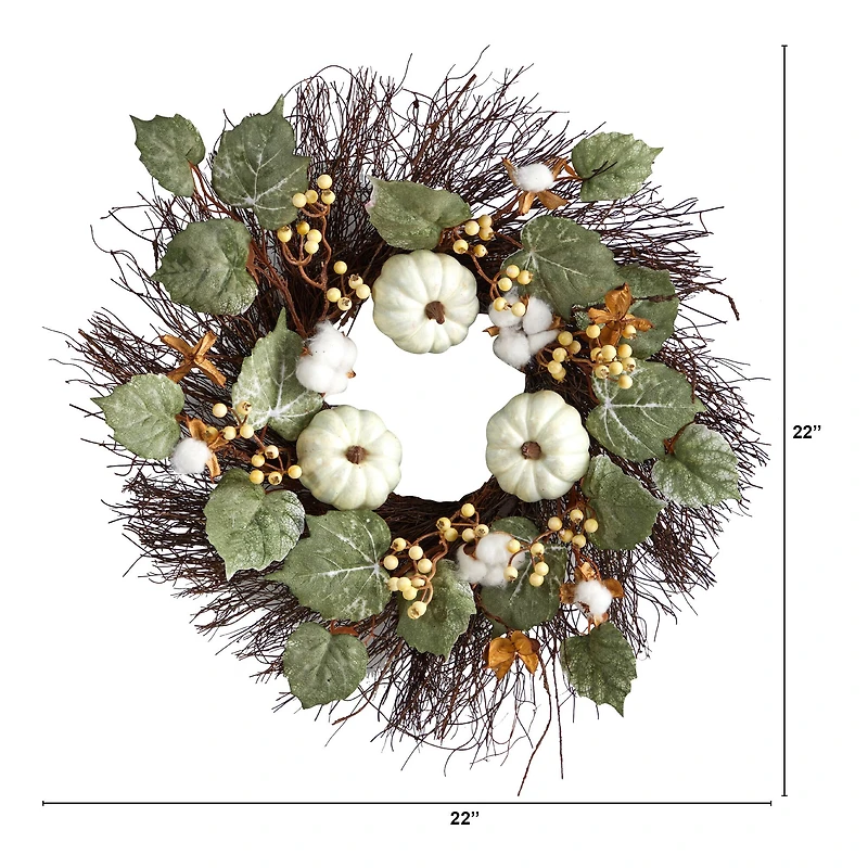 22" Autumn Green Pumpkin, Cotton & Berries Fall Wreath
