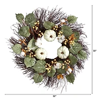 22" Autumn Green Pumpkin, Cotton & Berries Fall Wreath