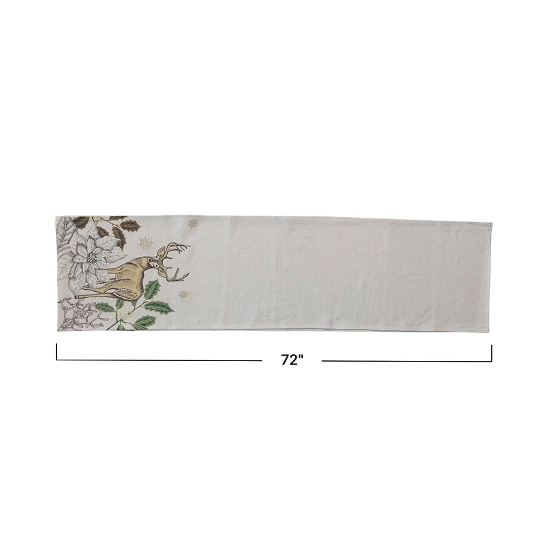 Hello Honey® 72" Green & Natural Cotton & Linen Printed Table Runner with Flora & Fauna Pattern and Metallic Gold Thread Embroidery
