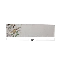 Hello Honey® 72" Green & Natural Cotton & Linen Printed Table Runner with Flora & Fauna Pattern and Metallic Gold Thread Embroidery