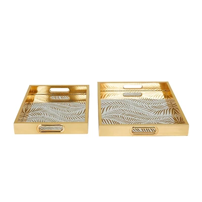 Gold Feather Pattern Plastic Glam Tray Set