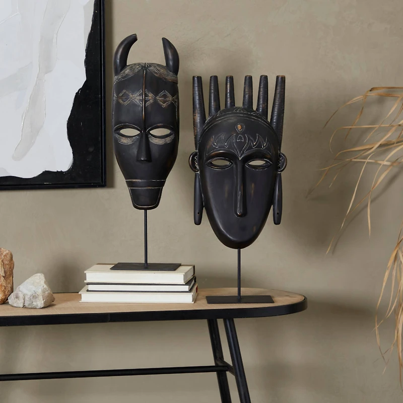 Black Polystone Handmade Carved Mask Sculpture Set