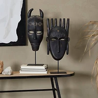Black Polystone Handmade Carved Mask Sculpture Set