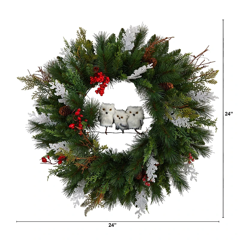 24" Holiday Winter Owl Family Pinecone Berry Christmas Wreath