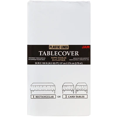 JAM Paper White Rectangular Plastic Lined Table Cover, 54" x 108"
