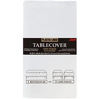 JAM Paper White Rectangular Plastic Lined Table Cover, 54" x 108" 