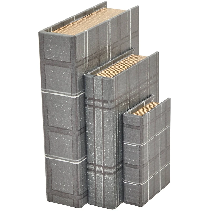 Gray Plaid Faux Leather Faux Book Box Set